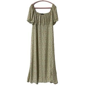Hesperus Women’s Green Floral Midi Dress Empire Waist Smocked Size 1X Front Slit
